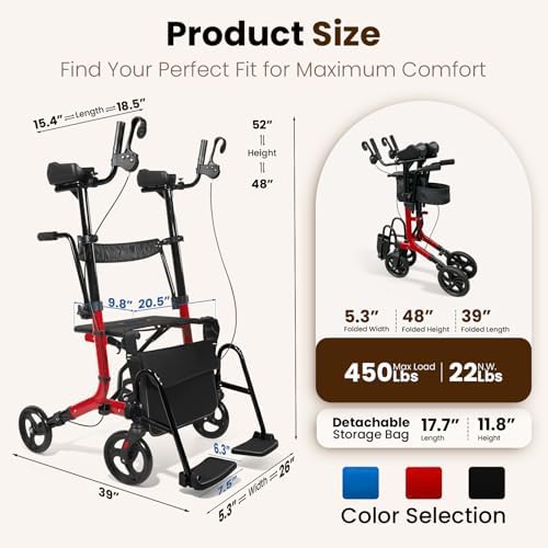Upright Walkers for Seniors 450 lbs Capacity, 22 lbs Foldable Lightweight Walkers for Seniors with Seat, Armrest and Pedal, Height Adjustable Rollator Walker with Seat for Travel & Gift (Red)
