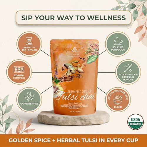 Gardenika Organic Turmeric Ginger Tulsi Chai Loose Leaf Tea, 1 LB Bulk Bag - Ayurvedic Herbal Tea with Cinnamon & Cardamom - Caffeine Free, Organic, Kosher