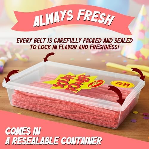 Sour Power Strawberry Candy Belts, 2.5 lb Bulk Tub Resealable, Vegan Strawberry Sour Belts Candy Since 1985, Soft Chewy Sweet Tart, Non-GMO Gelatin Free, Bubble Wrapped and Boxed for Shipping