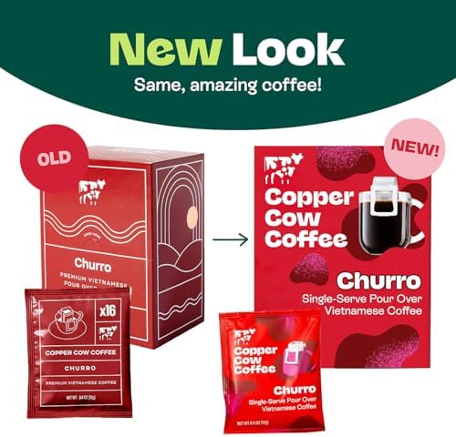Copper Cow Coffee Premium Pour Over Single-Serve Vietnamese Coffee Pouches (8 pack) | Churro | Dark Roast | Flavored with Real Cinnamon | Convenient Vietnamese Ground Coffee Packets, Travel Friendly