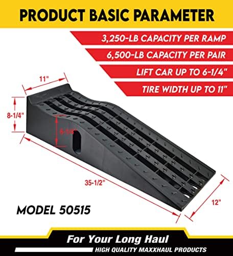 MaxxHaul 50515 6.25" Lift Car Ramps, 2-Pack – 6, 500lb GVW, Deep Grooved Surface for Stable Tire Placement, Heavy-Duty, Black