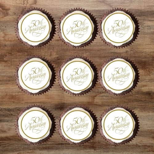 Gold 50th Anniversary Edible Cupcake Toppers – Golden Wedding Cake Decorations for 50 Celebrations & Parties – 24 x 4cm/1.5 Inch Discs (PRECUT)