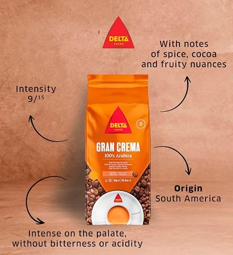 Delta Cafés Gran Crema Whole Bean Coffee 1kg/35.2 oz – 100% Arabica Blend, Guatemala & Colombia Origins, Intense Espresso Beans with Rich Crema & Aromatic Notes