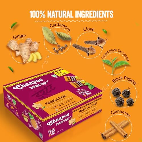 Chaayos Instant Tea Premix - Masala Flavour - Low Sugar (30 Sachets) | Instant Tea | Tea Premix | Masala Tea | Masala Chai | Assam Tea | Flavored Tea | Tea Masala Mix