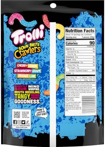 Trolli Sour Brite Crawlers, Candy, Cherry-Lemon, Strawberry-Grape & Orange-Lime, Sweet and Sour, Gummy Worms, 14 oz