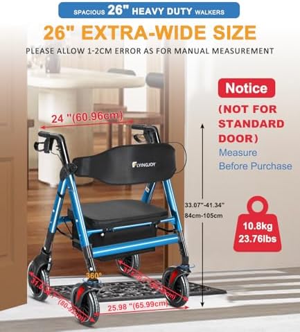 Walkers for Seniors with Seat,450Lbs Rolling Walker, 22" Extra-Wide Heavy-Duty Foldable All-Terrain Rollator Walker with Adjustable Ergonomic Breathable Seat,Brake,Adjustable Height 33"-41.5"(Blue)