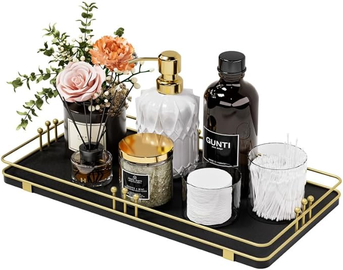 Toilet Paper Basket, Bathroom Basket for Counter Toiletries Towel Decor, Toilet Tank Tray, Guest Back of Toilet Organizer Storage, Vanity Tray for Perfume Makeup, Kitchen 13âx6.5â Black-Gold