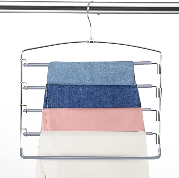 FeeraHozer Pants Hangers Space Saving 3 Pack No Slip 5 Layers Multi Functional Pants Rack Stainless Steel Swing Arm Space Saver Hanger for Trousers Jeans Towels Scarf ï¼Greyï¼