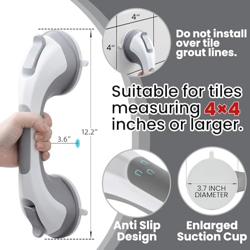 TAILI Shower Grab Bar, 2 Pack 12 Inch Suction Grab Bars for Bathtubs and Showers for Elderly, Shower Handle for Seniors Bathroom Safety Grip, No Drilling Removable,Grey,G9