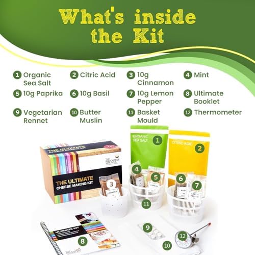 The Big Cheese Ultimate Cheese Making Kit - Makes 10 Cheeses (Mozzarella, Mascarpone, Feta, Ricotta + 6 More) - 40 Batches with Rennet & Recipe Book