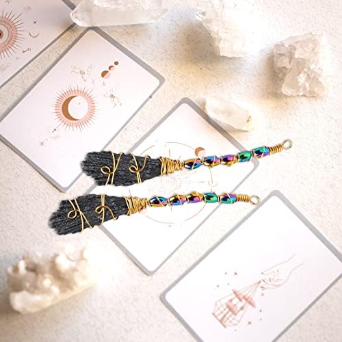 Runyangshi Natural Black Tourmaline Stone Handmade Magic Broom Raw Black Tourmaline Healing Crystal Feather Shape Crystal Craft Cleaning Reiki Energy Collect Home Decor
