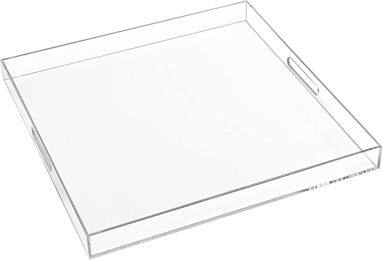 18Ã18 Inch Clear Acrylic Serving Tray with Handles Extra Large Ottoman Tray Decorative Tray Spill-Proof Coffee Table Space Saver Oversize Counter top Organizer Platter with Safe Edge