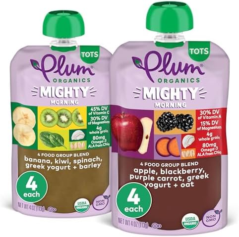 Variety Pack 8ct 4oz Pouch Mighty Morning Food Group Blend Tots - Apple, Blackberry, Purple, Carrot, Greek Yogurt, Oat + Banana, Kiwi, Spinach, Greek Yogurt, Barley
