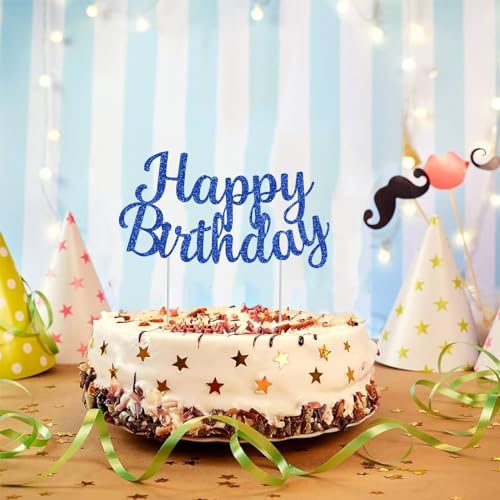 BEISHIDA Blue happy birthday Cake Topper, Happy Birthday Cake Bunting Decor,Birthday Party Decoration Supplies,Photo Booth Props
