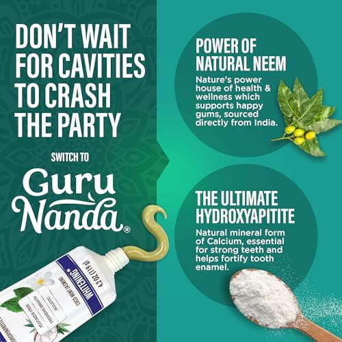 GuruNanda Hydroxyapatite Toothpaste for Whitening with Neem & Xylitol, SLS & Fluoride Free Formula with Tongue Scraper & Squeezer - Freshens Breath, Fights Plaque - Natural CocoMint Jasmine, 4.2oz