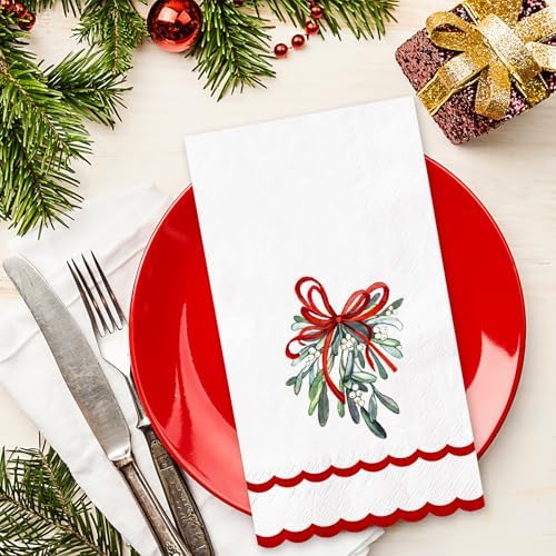Whaline 100 Pcs Christmas Guest Napkins Mistletoe Holly Scalloped Disposable Napkins Watercolor Dinner Hand Paper Napkin for Bathroom Xmas Winter Holiday Party Table Supplies