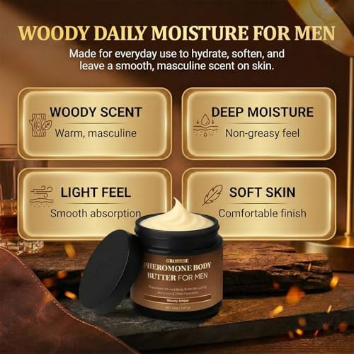 Pheromone Body Butter for Men, Woody Amber Skin Body Cream – with Shea Butter, Cocoa Butter, Coconut Oil (Woody Amber)