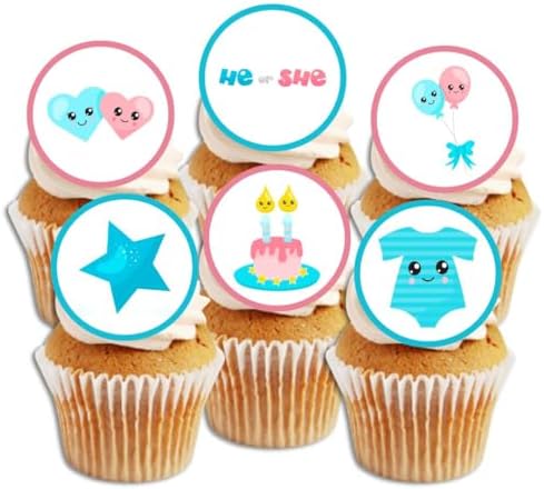 24 Boy/Girl Theme Gender Reveal, Baby Shower Edible Cupcake Toppers - Stand Up Discs Wafer Cake Decorations, 24 x 4cm / 1.5 Inch Wafer Card Discs UNCUT
