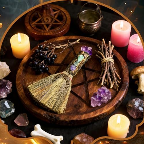 Rileryan Crystal Witch Broom Witchcraft Supplies Wiccan Stuff Broom with Healing Crystals Energy Cleaning Halloween Home Decor Gift