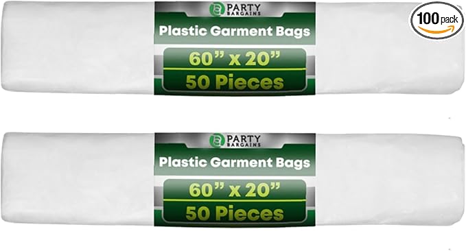 PARTY BARGAINS 60 x 20 Inch Disposable Clear Garment Bags, 100 Pack â Heavy-Duty Plastic Clothes Covers for Suits Dresses Coats, Closet & Travel
