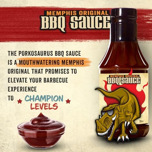 Porkosaurus World Championship Memphis BBQ Sauce – Tangy & Sweet Sauce for Ribs, Pork, Beef & Burgers – Gluten-Free, All-Natural for Grilling, Smoking & Backyard BBQ (22 Oz Bottle)