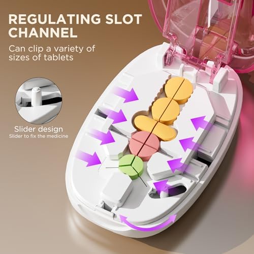 Pill Cutter Splitter for Small and Tiny Pills, Professional Adjustable Pill Cutter with Stainless Steel Blade, Precise Cuts into 1/2, 1/3, 1/4, Portable Travel Sized Design for All Tablet (Pink)