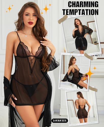 Women's Lingerie Sets with Robe - 3 Piece Lace Mesh Chemise Babydoll Nightgown with Thong