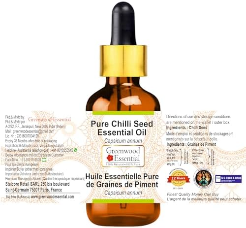 Greenwood Essential Chilli Seed Essential Oil (Capsicum annum) with Glass Dropper | Pure | Non-Sticky | Non-Greasy | Lightweight | Men & Women | All Skin Types | Steam Distilled 30ml (1 oz)
