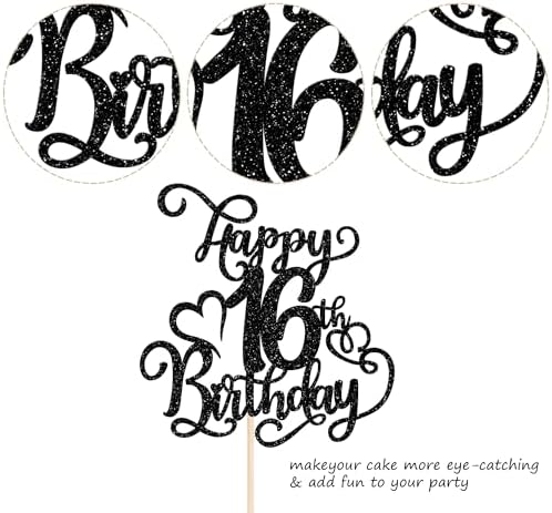 Rsstarxi 1 Pack Happy 16th Birthday Cake Topper Black Glitter Cheers to 16 Years Birthday Cake Pick 16 Fabulous Cake Decoration for Happy 16th Birthday Anniversary Party Cake Decorations