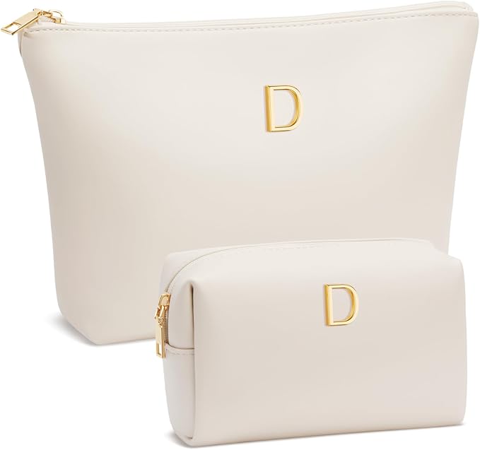 Valentine's Day Gifts for Women Girlfriend Initial Makeup Bag for Teen Girls Personalized Gifts for Friend Teacher Mom Wife Cosmetic Travel Toiletry Bag(Beige,D)