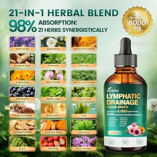 21-in-1 Lymphatic Drainage Drops for Liposomal, Immune & Lymph System Support Supplement for Women & Men with Echinacea, Dandelion, Burdock, Bromelain, Calendula, Turmeric & More, 2 FL OZ