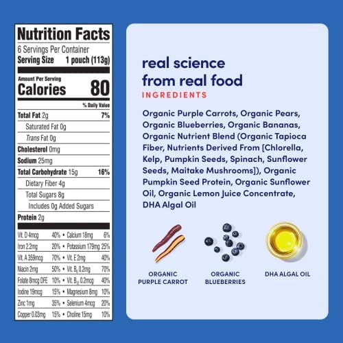 Cerebelly Organic Baby Food Pouches, Purple Carrot Blueberry Dairy-Free Smoothies, 16 Nutrients, No Added Sugar, Fiber & Non-GMO, 4oz, 1 Count