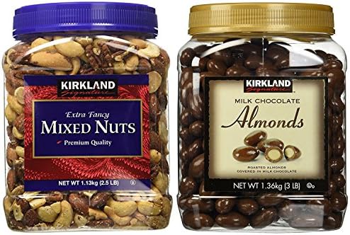 Kirkland Signature Mixed Nuts and Milk Chocolate Roasted Almonds Bundle - Includes Kirkland Signature Fancy Mixed Nuts (2.5 LB) and Milk Chocolate Roasted Almonds (3.0 LB )