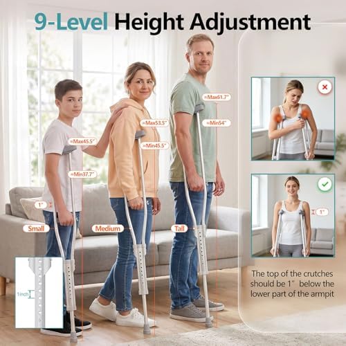 Aluminum Crutches for Adults & Seniors, Adjustable Crutches for Walking, Comfortable Lightweight Crutch with Underarm Pad and Crutch Bag & Hand Grip, 300 LB Weight Capacity, 1 Pair