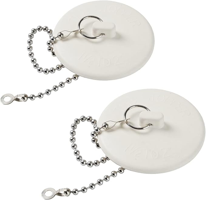 2 Packs Tub Stopper, Rubber Bathtub Stoppers Drain Plug with 15" Stainless Steel Beaded Chain, Premium Bathroom Plug Fit for 1.5" to 2" Kitchen Sink, Bathroom Bath tub, Drain Stopper, White