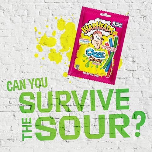 WARHEADS Ooze Chewz Ropes - Chewy Candy Ropes with Sour Filling - Watermelon, Blue Raspberry & Green Apple Flavors - 3 oz. Bags - 3 Pack