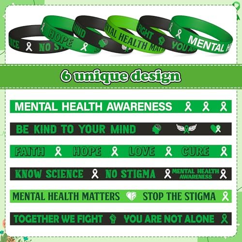 WATINC Mental Health Awareness Silicone Wristbands Set, Mental Health Hope Green Ribbons Rubber Label Bracelets, Motivational Rubber Bracelet with Inspirational Message for Men Teens (240Pcs)