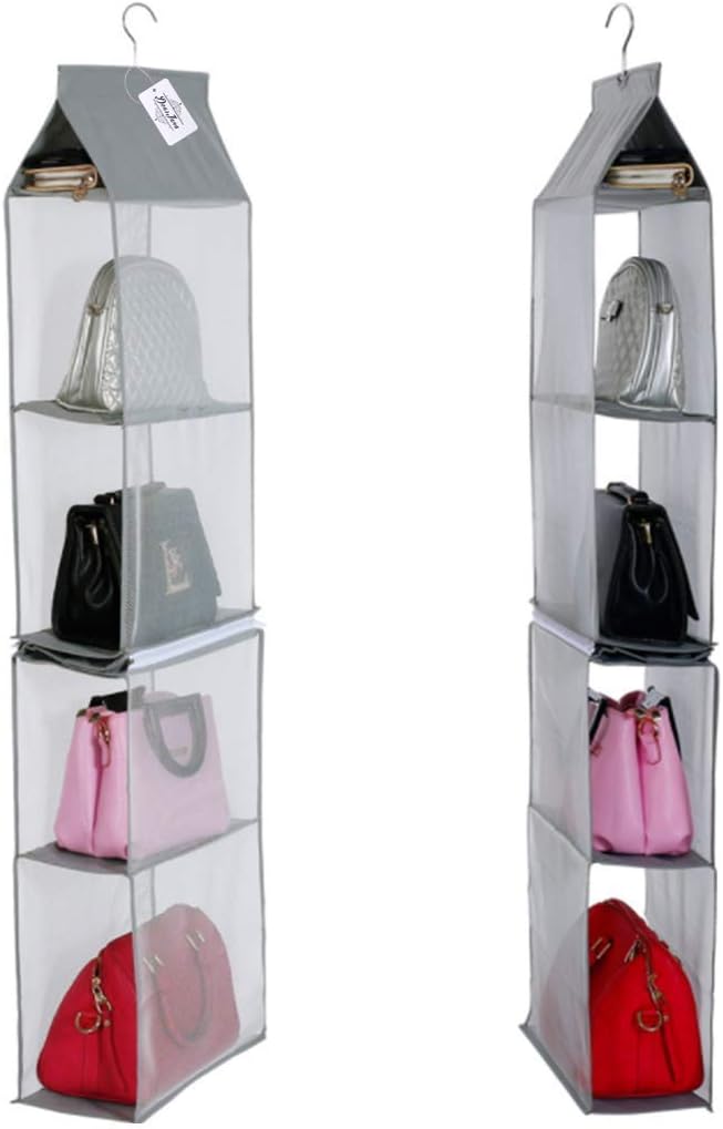 Detachable 4 Big Compartment Pouch Hanging Handbag Organizer Clear Purse Bag Storage Holder Wardrobe Closet Space Saving Organizers System for Living Room Bedroom Use(Pack of 2 Grey)