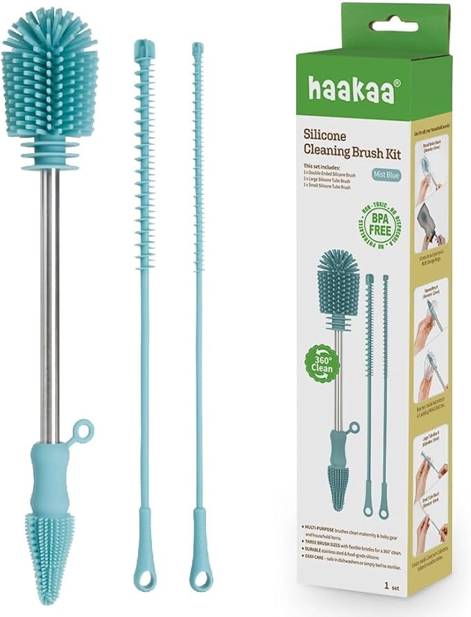 Haakaa Silicone Cleaning Brush Kit â Household Cleaning Brushes for Bottles and Crevices â Food-Grade Silicone: Dishwasher Safe (Kit-Mist Blue)