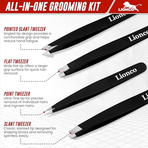 LIONCO Professional 4PCS Tweezer Set for Men & Women–Stainless Steel Eyebrow,Facial Hair Removal Kit–Includes Slant,Pointed,Flat & Angled Tweezers for Precision Grooming,Beard,Ingrown Hair (Black)