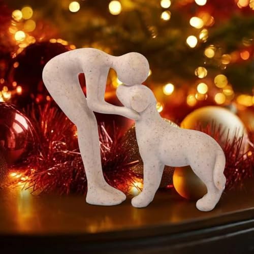 Abstract Resin Hand-Painted Sculpture of Person and Dog Bonding – Head-to-Head Intimate Figurine Decoration for Office、Living Room、Bedroom、Home, Memory Gifts for Pet Lovers (Sandstone)