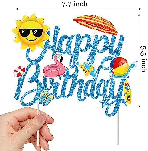 Summer Beach Cake Topper Swimming Pool Birthday Cake Pick Hawaii Beach Happy Birthday Cake Decor Tropical Surfing Party Decorations for Summer Holiday Theme Baby Shower Supplies