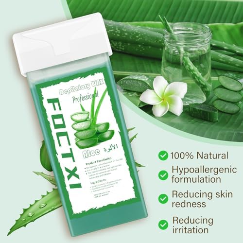 Roll on Wax Cartridge, 4 Hair Removal Aloe Vera Wax Cartridge with 10 Pack Cleaning Oil Wipes, Depilatory Wax Roller Refill for Women Sensitive Skin