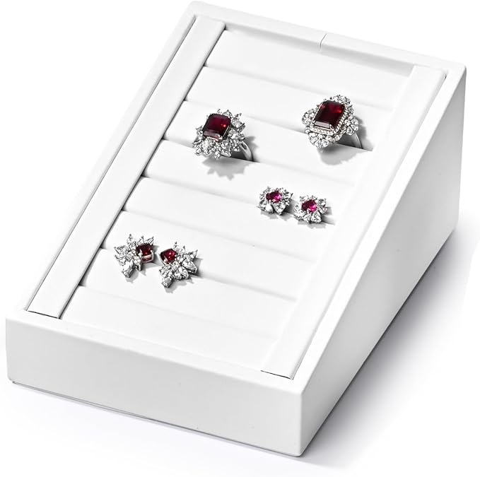 Premium Ring Display Tray Organizer Holder - PU Leather Rings/Earrings Stand Bearer (White)