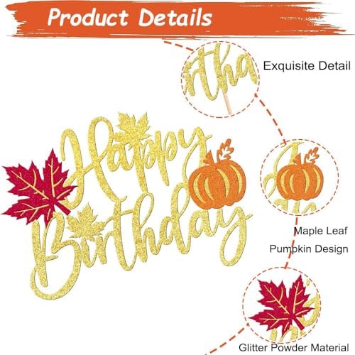 8 Packs Fall Thanksgiving Cake Toppers Set Gold Glitter Maple Leaf Pumpkin Cupcake Topper Happy Birthday Letter Cake Topper Pick for Thanksgiving Day Autumn Theme Party Cake Decoration Supplies