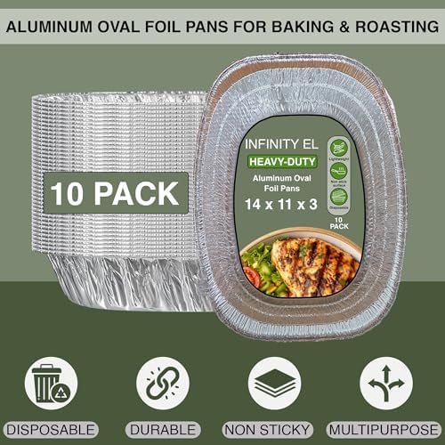 INFINITY EL 10 Pack |Large Disposable Oval Aluminum Pans Deep Disposable Baking Pan | Heavy Duty Oval Aluminum Roasting pan for Chafing, Turkey, Lasagna, Thanksgiving, Christmas, Parties & Meal Prep