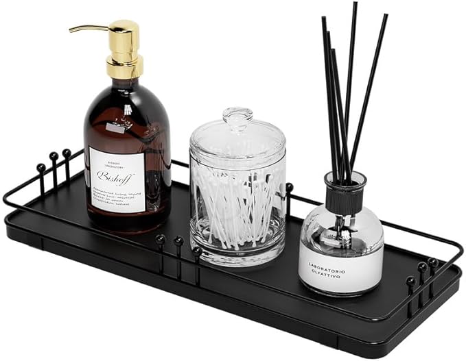 Bathroom Vanity Tray for Countertop Toiletries Perfume Makeup Soap Dispenser Toilet Tank, Kitchen Tray for Salt Spice, Black Decor Tray for Candle Nightstand Coffee 11.3âx 4.4â