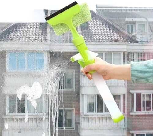 Multi-Function Window Squeegee Glass Cleaning Tool with Water Spray Plastic Window Wiper for Home and Car Glass Cleaning Cleaner (Green)