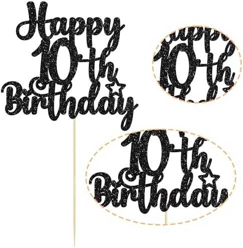 Gyufise 1Pc Happy 10th Birthday Cake Topper Glitter 10 & Fabulous Cheers to 10 Years Old Birthday Cake Pick for Celebrating 10th Birthday Anniversary Party Cake Decorations Supplies Black