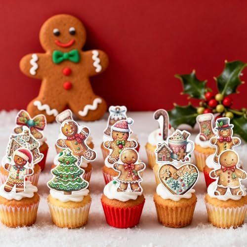 64PCS Edible Gingerbread Cupcake Toppers Wafer Paper Bread Man Christmas Tree Cupcake Toppers for Merry Christmas Theme Party Baby Shower Birthday Decor Supplies